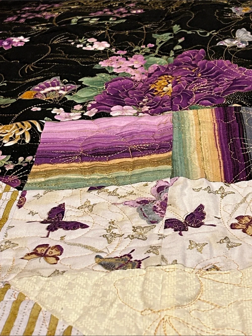 ONE OF A KIND - HANDCRAFTED Purple, gold and off-white Quilt.